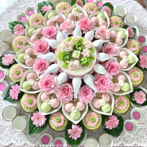 Mâm cúng thôi nôi bé gái tone hồng mix xanh lá - cơ bản - BG04