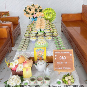 Mâm cúng đầy tháng xanh ngọc, vàng kem - cao cấp - 07