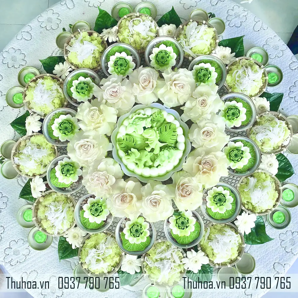 Mâm cúng đầy tháng xanh lá, trắng- CB17